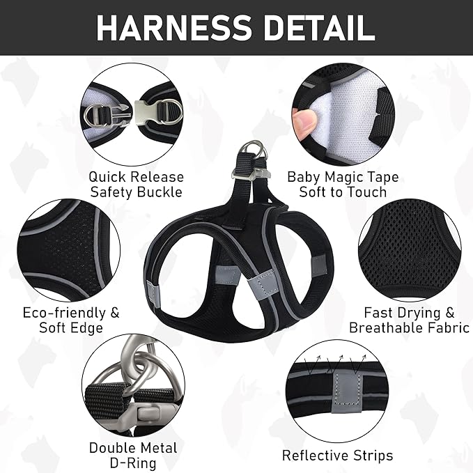 GAMUDA Small Dog Harness Collar and Leash Set, Step in No Chock No Pull Linen Fabric Soft Mesh Dog Vest Harnesses Reflective for Dogs Puppy Cats Kitten Rabbit (Black, XXS)