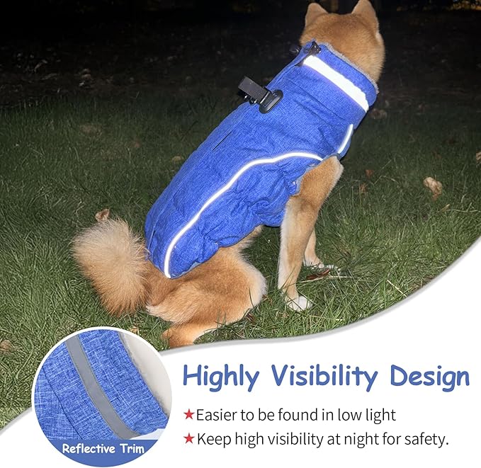 Malier Dog Coat, Reflective Dog Jacket Waterproof Windproof Puppy Cold Weather Coats with Harness Built in, Winter Extra Warm Pet Coat Fleece Vest for Small Large Pets and Puppy (Blue, Small)