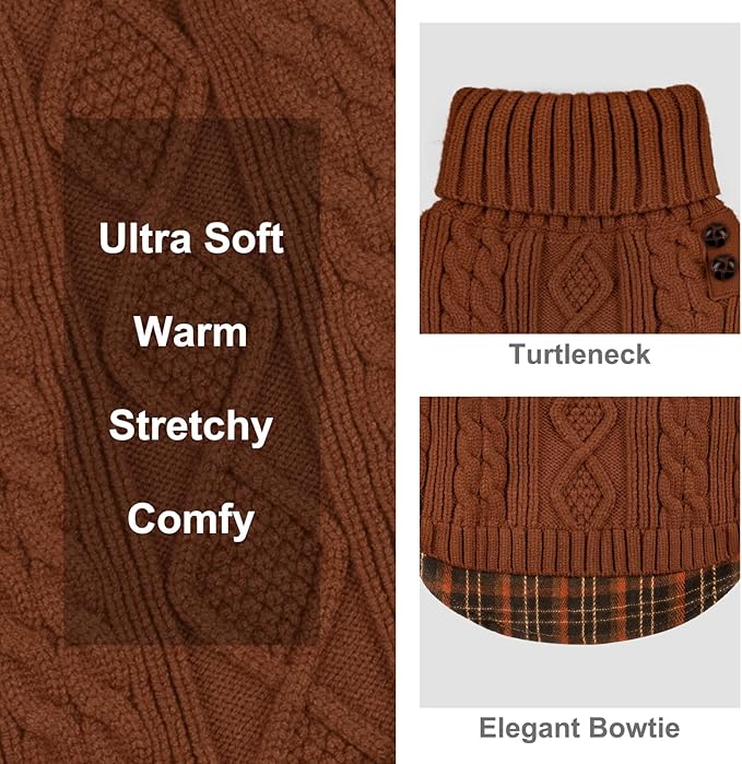 KYEESE Dog Sweater Thick Pet Coat for Fall Winter Cold Weather Stretchy Knitwear Cat Clothes with Gingham Patchwork Soft Pullover Dog Sweaters for Medium Dogs Boy Warm Turtleneck Medium Dogs Sweater