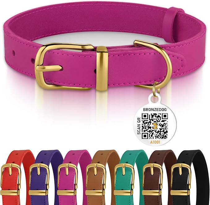 BRONZEDOG Leather Dog Collar with QR ID Tag Basic Pet Collars for Small Mini Dogs Cats Puppies (7-9 Inch (Pack of 1), Pink & Gold Buckle)