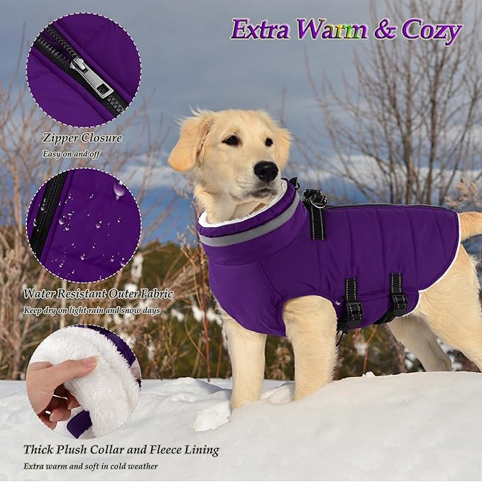 Dogcheer Dog Coat with Harness, Waterproof Dog Jacket Adjustable Pet Winter Coat with Zipper, Christmas Puppy Snow Jacket Fleece Sweater for Small Medium Large Dogs - Purple 2XL