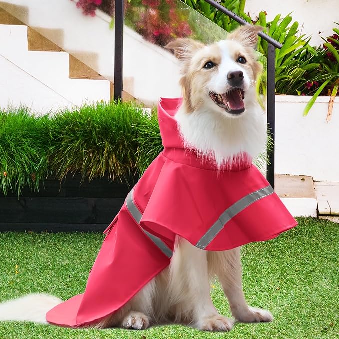 NACOCO Large Dog Raincoat Adjustable Pet Water Proof Clothes Lightweight Rain Jacket Poncho Hoodies with Strip Reflective (XXL, Red)