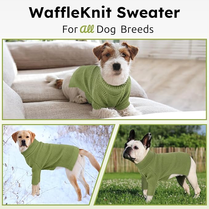 Queenmore Turtleneck Long Sleeve Knitted Sweater with Check Pattern, Fall Winter Warm Sweaters for Small to Large Dogs and Cats, Green