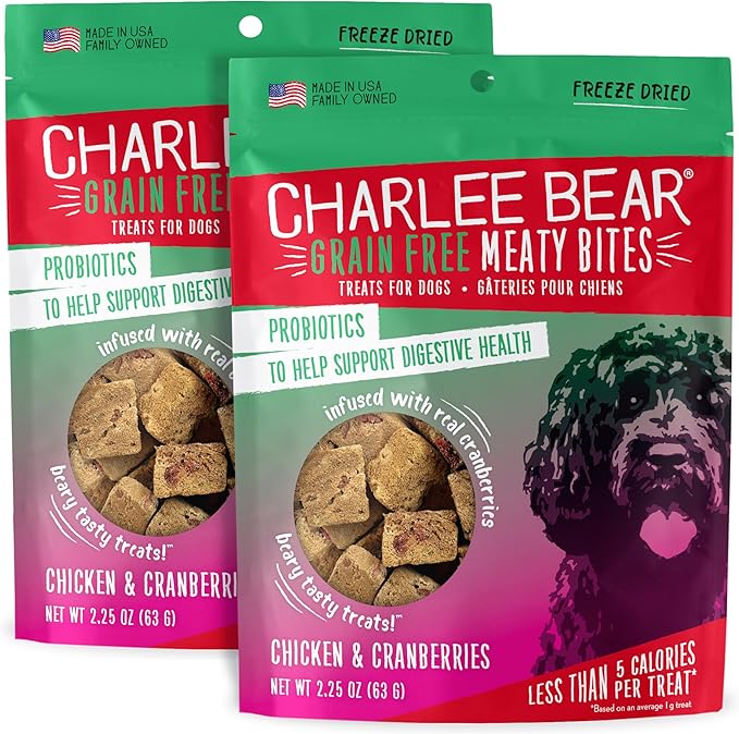 Charlee Bear Grain Free Meaty Bites Freeze Dried Dog Treats with Probiotics, Puppy Training Snacks, Soft Dog Bites Chicken with Cranberries, 2.25 oz Bags (2), Made USA