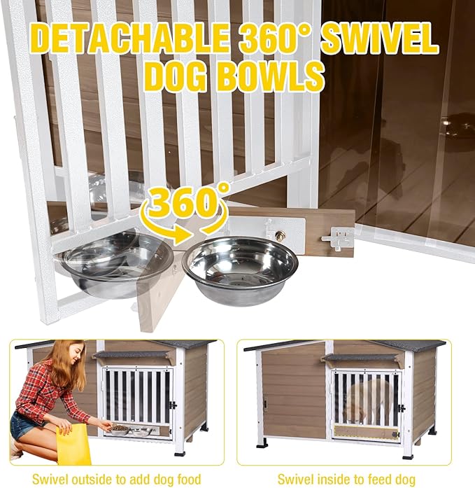 Chew-Resistant Dog House with Metal Frame, Wooden Kennel for Indoor & Outdoor Use, Waterproof Roof & Feeding Bowls Included (Brown, L-in)