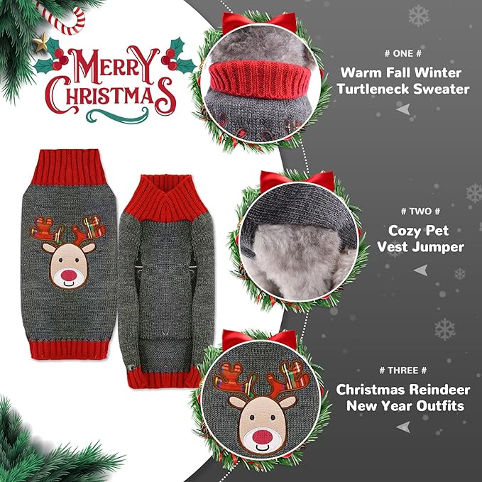 PETCARE Reindeer Christmas Dog Sweater Gray Cat Sweater Vest Cartoon Elk Pet Holiday Dog Clothes Puppy Sweaters for Small Medium Large Dogs Cats Fall Winter Outfits Xmas Dogs Costume,Large