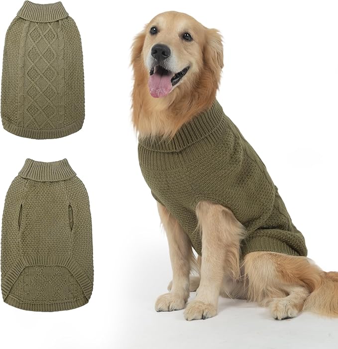 Mihachi Turtleneck Dog Sweater - Winter Coat Apparel Classic Cable Knit Clothes with Leash Hole for Cold Weather, Ideal Gift for Pet in New Year Army Green New ML