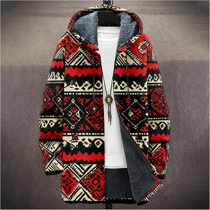 Mens Aztec Print Hoodie Heavyweight Cotton Fleece Jacket Zip Up Warm Long Sleeve Hooded Winter Midi Coat