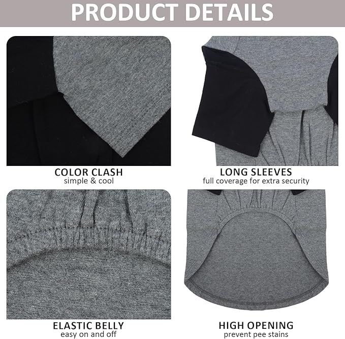 2 Pack Large Dog Shirts for Summer - Stretchy Breathable Cotton T-Shirt for Dogs, Protect Skin Easy On and Off Clothes for French Bulldog, Pug, Daily Wear, Park, Travel, Beach, GreyBlack
