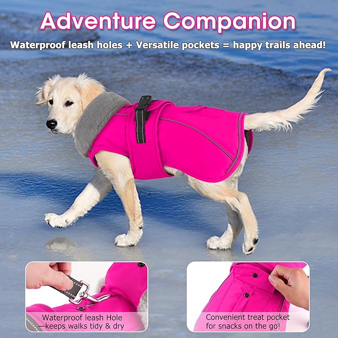 Dogcheer Dog Coat with Pocket, Waterproof Dog Jacket with Adjustable Buckle, Reflective Puppy Winter Coat Warm Turtleneck Fleece SnowJacket for Small Medium Large Dogs - Pink XL