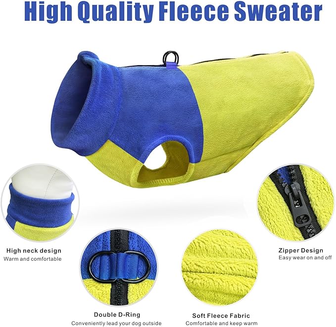 Idepet Dog Fleece Vest Sweater Zip Up Warm Pullover Dogs Jacket with D-Ring Leash Winter Cold Weater Coat Pet Sweatershirt Clothes Hoodie for Small Medium Dogs Boy Girl (Blue/Green, XXS)