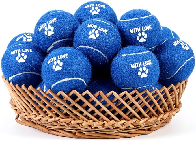 Soulchen 25 Pcs Wedding Favor Tennis Balls for Dogs 2.5 Inch with Love Paw Print Design Navy Blue Dog Toys Balls with Black Mesh Bag for Pet Training Exercise Fetch