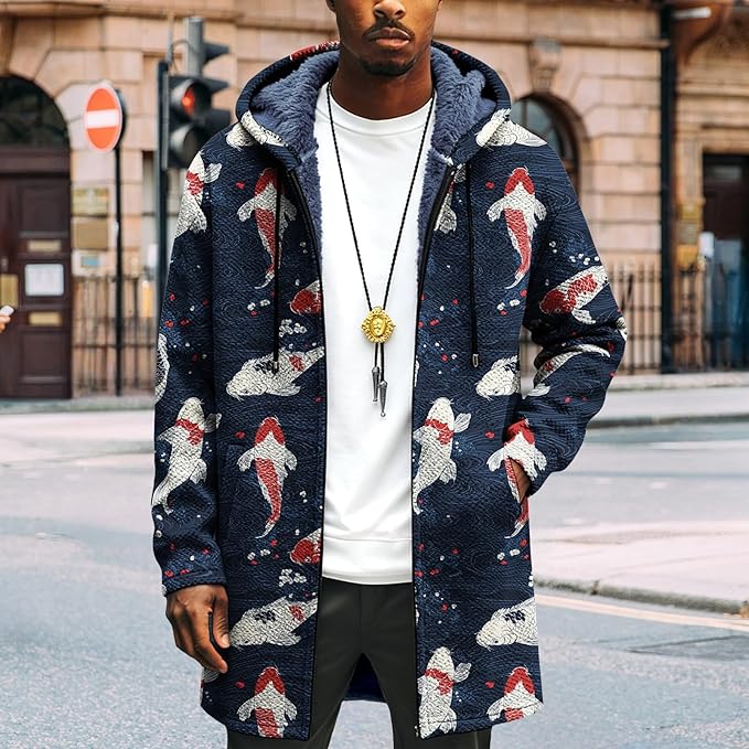 Mens Long Cardigan Hoodies Full Zip Fleece Lined Jackets Fashion Knitted Color Block Hooded Coat with Pockets