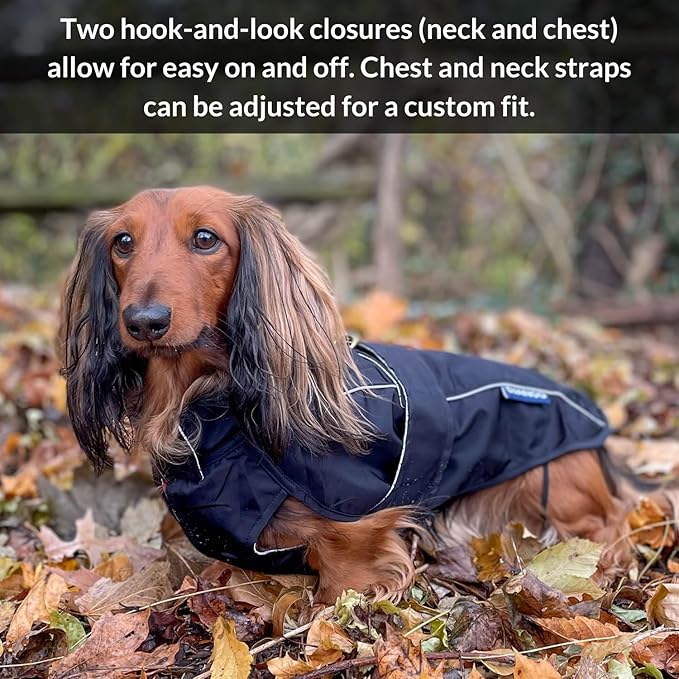 DJANGO Dog Jacket & Raincoat – Lightweight Water-Resistant Coat for Small, Medium & Long Dogs Like Dachshunds – Reflective, Adjustable Fit, Harness-Compatible & Easy-Access Harness Hole - Black, Small
