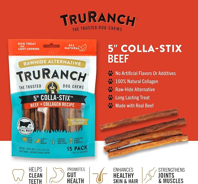 TRURANCH Collagen Sticks - 5" Collagen Sticks for Dogs - Long Lasting Healthy Joint Support Dog Treat - Rawhide Alternative - Skin & Coat Health - Made with Real Beef, 1 Bag, 15 Count