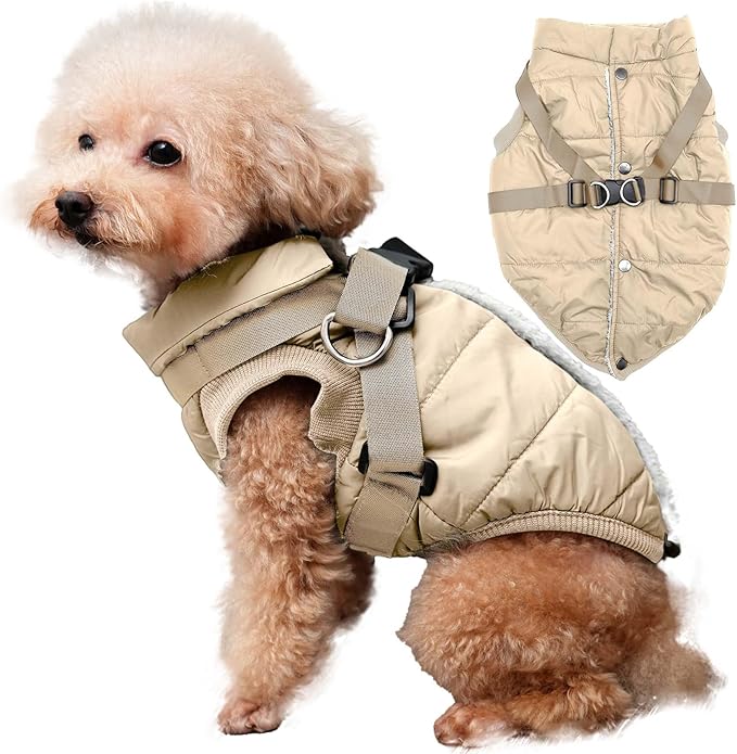 Dog Jacket with Harness,Fleece Lined Warm Puppy Coat for Winter,Soft Windproof Medium Dog Vest,Khaki L