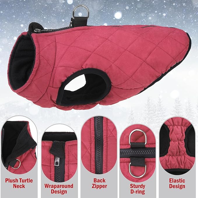 SCENEREAL Winter Dog Vest Coat with Built-in Harness, Warm Puppy Jacket for Small to Medium Dogs, Cold Weather Coat with Zipper, Fleece Puffer Vest, Windproof Snow Clothes