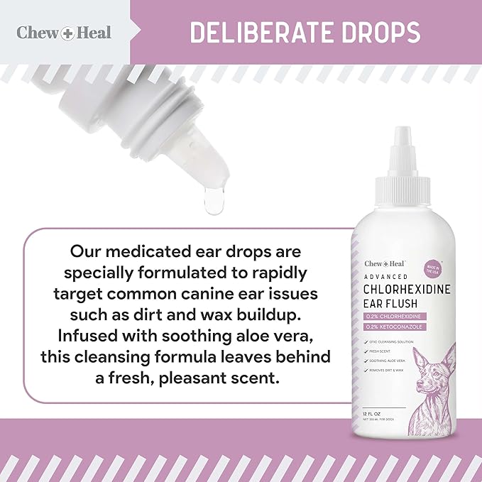 Chew + Heal Labs Dog Ear Cleaner - OTIC Medicated Dog Ear Buildup Drops for Dirt and Wax - 4 oz Advanced Flush with Chlorohexidine and Ketoconazole - Made in The USA