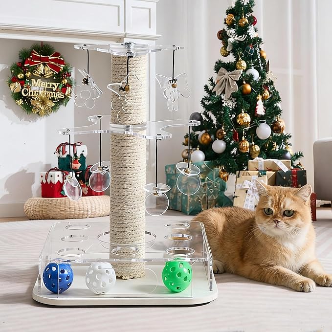 Modern 3-in-1 Interactive Cat Toy with Scratching Post, Cat Puzzle Toys for Indoor Cats with Colorful Jingle Balls, 2-Layer Spinning Teaser Disc with Dangling Toys, Acrylic, White