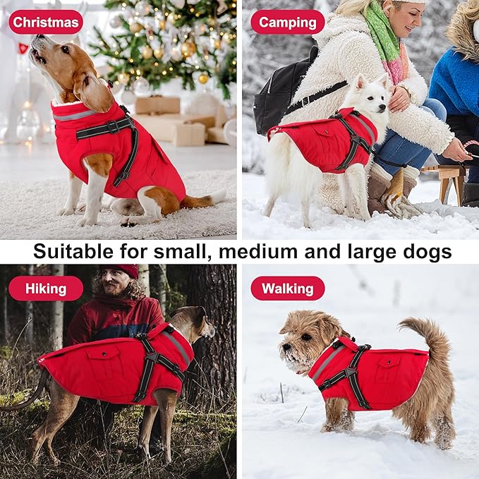 Dogcheer Dog Coat with Harness, Waterproof Warm Dog Winter Jacket with Pockets, Reflective Pet Fleece Jacket Turtleneck Snowsuit for Small Medium Large Dogs - Red, S