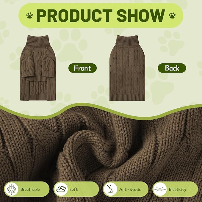 Small Dog Thermal Pullover Sweater, Classic Turtleneck Cable Knitwear Dog Clothes for Cold Weather Warm Pet Clothes for Chihuahua, Bulldog, Dachshund, Pug Tan Large