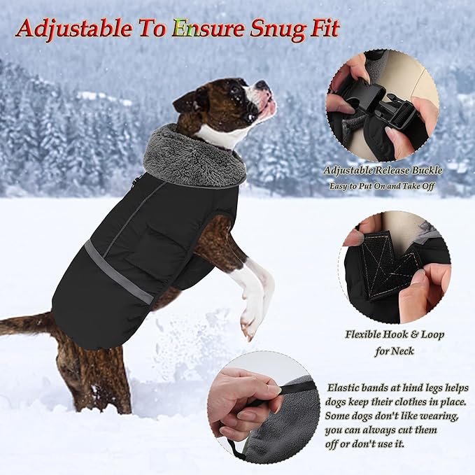 Dogcheer Warm Dog Coat, Waterproof Dog Jacket Christmas Puppy Winter Coat with Buckle, Reflective Adjustable Pet Snow Jacket Turtleneck Fleece Sweater for Small Medium Large Dogs - Black, S