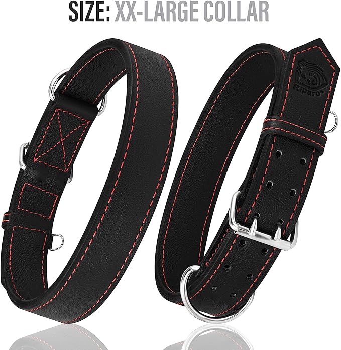 Riparo Dog Collar - Genuine Leather Dog Collars - Heavy Duty Dog Collars for Medium Large and Extra Large Dog Breeds (M: 1” Wide for 14” - 18” Neck, Black/Red Thread)