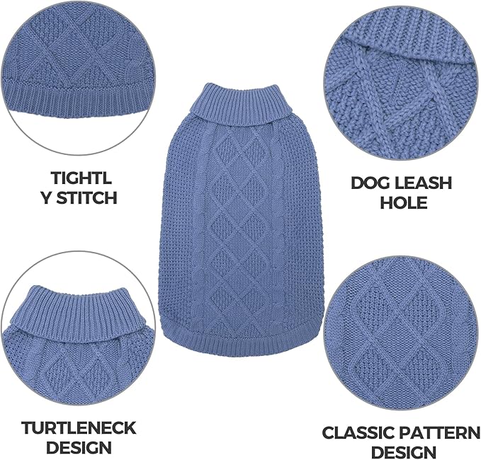 Mihachi Turtleneck Dog Sweater - Winter Coat Apparel Classic Cable Knit Clothes with Leash Hole for Cold Weather, Ideal Gift for Pet in New Year Grayish Blue XS