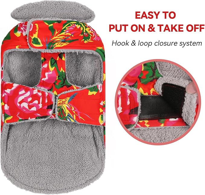 VIVAGLORY Frostfit Dog Coat, Dog Jacket for Winter & Cold Weather, Warm Fluffy Fleece Lined Water Resistant Reflective for Puppy, Coat with Velcro Fastening & Leash Hole, XL, Northeast Florals-Red