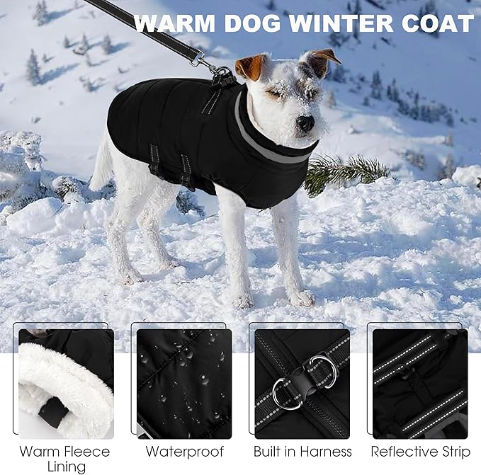 Dog Coat with Harness Built-in, Waterproof Reflective Fleece Lined - Warm Windproof Winter Jacket with Back Zipper, Cold Weather Snow Dog Coats - Black - L