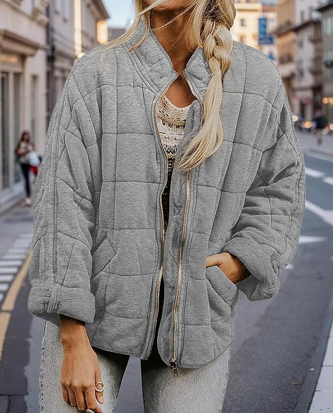 LIZALIG Warm Padded Coat for Women Full Zip Quilted Jackets Winter Oversized Causal Solid Color Stand Collar Pockets Coat
