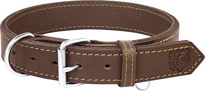 Riparo Dog Collar - Genuine Leather Dog Collars - Heavy Duty Dog Collars for Medium Large and Extra Large Dog Breeds (L: 1.25” Wide for 18” - 22” Neck, Brown)