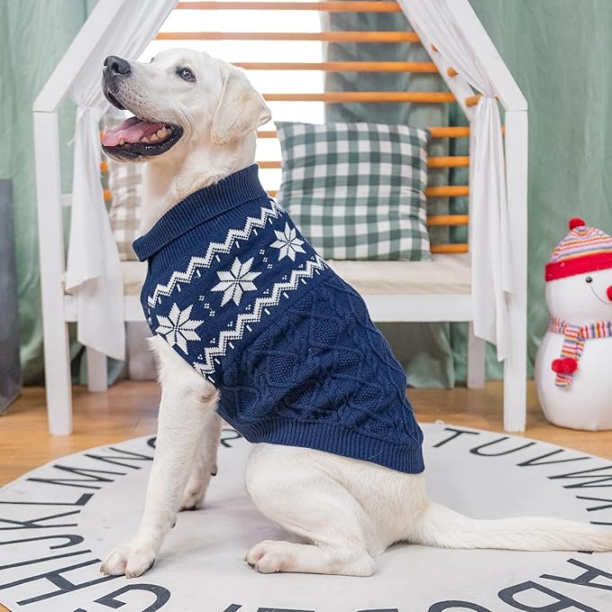 Warm Winter Pink Dog Sweater - Cold Weather Pet Clothes for Small Medium Large Dogs Indoor Outdoor, Soft Classic Knit Puppy Apparel Coat, Blue, XL