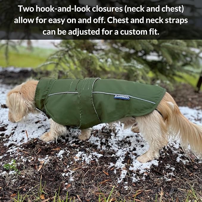 DJANGO Dog Jacket & Raincoat – Lightweight Water-Resistant Coat for Small, Medium & Long Dogs Like Dachshunds – Reflective, Adjustable Fit, Harness-Compatible & Easy-Access Harness Hole - Green, Small