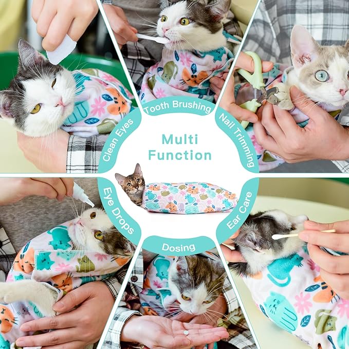 17.7" Cat Grooming Wrap, Cat Wrap for Cutting Nails, Self-Adherent Fabric Wrap for Cats, Cat Burrito Wrap Anti-Scratch, Anti-Escape, Multifunctional Swaddle Wrap Pet Tool (Funny Bear, Medium)