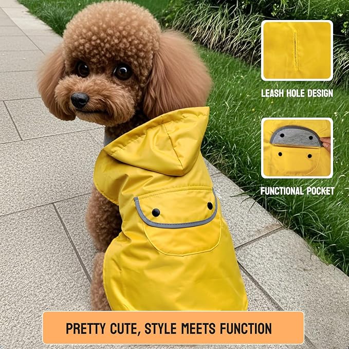Small Dog Raincoat Puppy Dogs Rain Jacket Reflective Poncho Rainwear Waterproof Pet Clothes Warm Lined Pocket Hooded Leash Hole Adjustable Puppy,Yellow,XS,Back Length 6.3 Inch