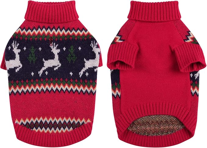 Queenmore Christmas Dog Sweater,Knitted Pullover Christmas Clothes,Turtleneck Dog Xmars Outfit, Warm Pet Sweaters for Small Dogs Boys or Girls M