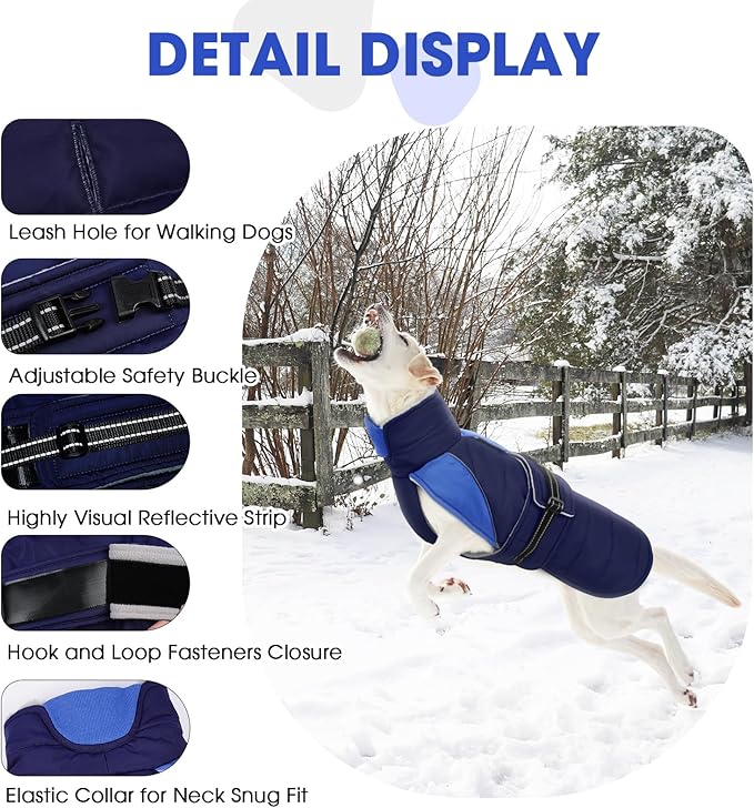 Nanaki Large Dog Coat for Winter Waterproof, Warm Fleece Lining Reflective Large Dog Jacket with Leash Hole, Furry Collar Cold Weather Puppy Vest Outdoor Walking Hunting Easy On Pet Snowsuit Blue 2XL