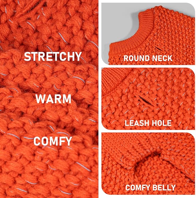 KYEESE Dog Sweater with Leash Hole Warm Pullover with Reflective Yarn for Small and Medium Dogs Male Soft Knit Pullover Boy Dog Coats Cozy Lightweight Thick Sweater,Orange,Large