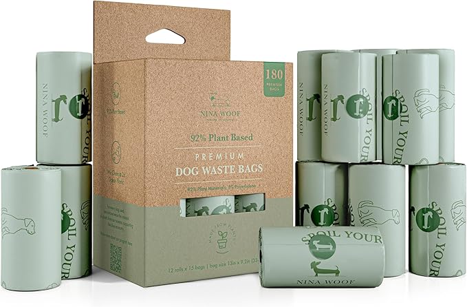 Nina Woof Eco-Friendly 92% Plant-Based Dog Poop Bags Rolls -180 Extra Thick, Durable, Leak-Proof, Odorless, Convenient Disposal - USDA Certified, Heavy-Duty Trash Bags and Garbage Bags