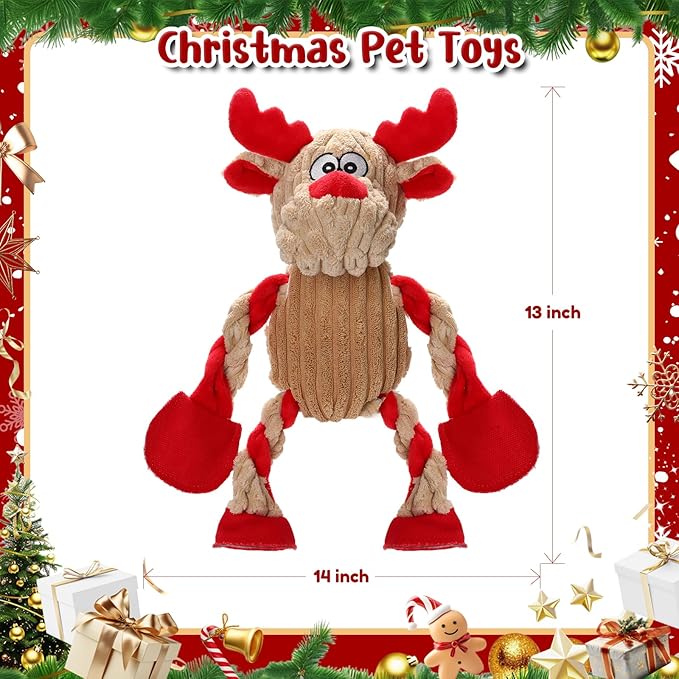Christmas Dog Toys Tough Chew Toys for Large Dogs, Stuffed Reindeer Dog Toy with 5 Squeakers & Crinkle Paper, Squeaky Interactive Plush Toy to Keep Them Busy, Dog Gifts for Small Medium Large Dogs