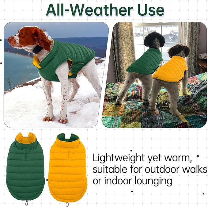 Lelepet Reversible Dog Coat Waterproof Dog Jacket Windproof Puffer Vest for Winter Warm Lightweight Coats for Small Dogs Adjustbale Hook & Loop Pet Apparel with Leash Hole, Shih Tzu, Green, S