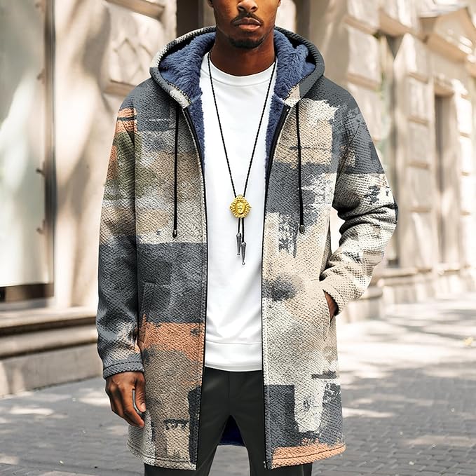 Mens Long Cardigan Hoodies Full Zip Fleece Lined Jackets Fashion Knitted Color Block Hooded Coat with Pockets