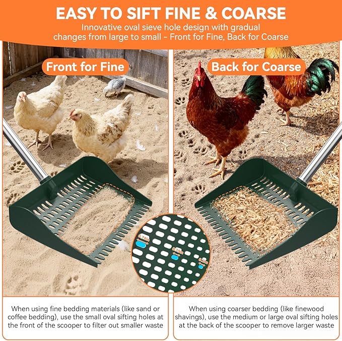 Chicken Poop Scooper & Rake 2-in-1, Pooper Scooper with 13in Wider PP Head & Adjustable Stainless Steel Handle, 33''-69'' Sand Sifting Shovel Litter Scooper for Chicken Coop/Small Farm Animals