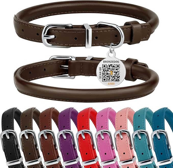 BRONZEDOG Rolled Leather Dog Collar for Small Medium Large Dogs with QR ID Tag (XS: 9-11 Inch, Coffee Brown)