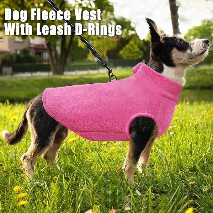 Idepet Dog Fleece Vest Sweater Zip Up Warm Pullover Dogs Jacket with D-Ring Leash Winter Cold Weater Coat Pet Sweatershirt Clothes Hoodie for Small Medium Dogs Boy Girl (Rose Red, XL)