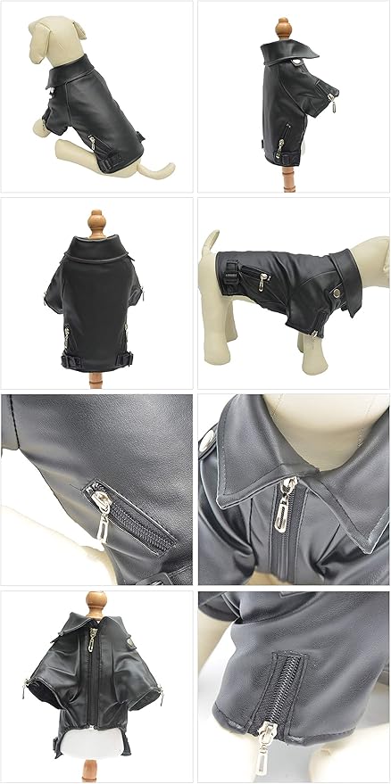 Lovelonglong Cool Dog Leather Jacket, Warm Coats Dogs Windproof Cold Weather Coats for Large Medium Small Dogs, Yorkshire Terrier Clothing Black S