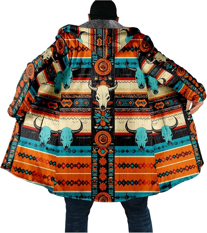 Mens Aztec Print Hoodie Heavyweight Cotton Fleece Jacket Zip Up Warm Long Sleeve Hooded Winter Midi Coat