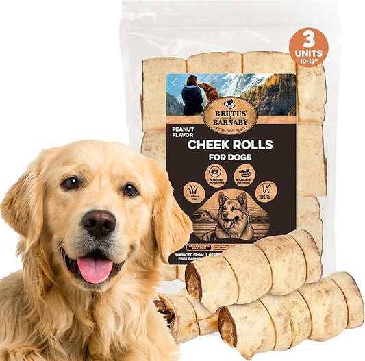 Premium Beef Cheek Rolls for Dogs 10-12" - (3-Pack), Peanut Butter Flavored Long Lasting, Safe & Natural Rawhide Alternative Chews, Ideal for Large Dogs & Aggressive Chewers, Supports Dental Health