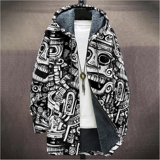 Mens Aztec Print Hoodie Heavyweight Cotton Fleece Jacket Zip Up Warm Long Sleeve Hooded Winter Midi Coat